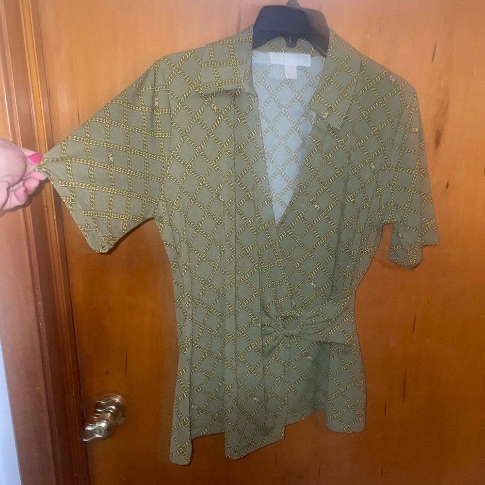 MICHAEL Michael Kors Olive Green Short-Sleeve Wrap Shirt with Gold Chain Print